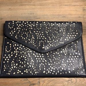 Large navy envelope clutch with laser cut pattern